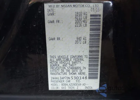 2013 Nissan Altima 2.5 Sl z USA, uszkodzony, nr VIN 1N4AL3AP7DN530148